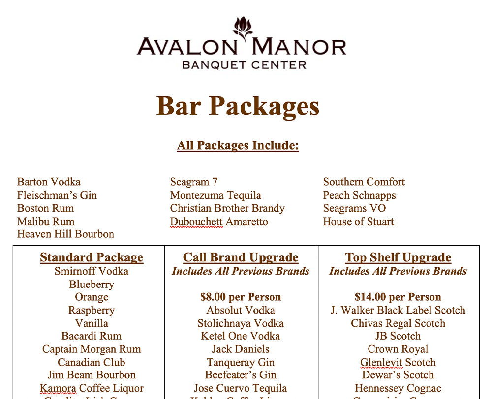 Menus Avalon Manor