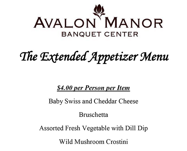 Avalon extended appetizer menu