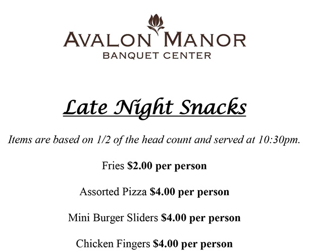 Avalon late night snacks menu