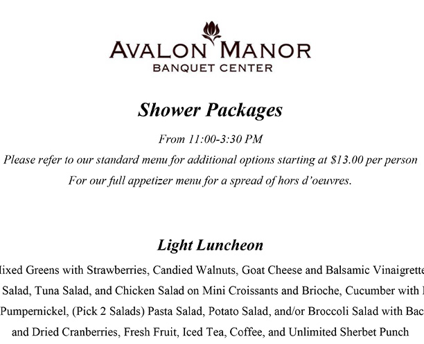 Avalon shower packages